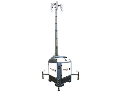 The portable light tower is powered by a Kubota Z482 two-cylinder diesel engine and equipped with four 320-watt LED lights.