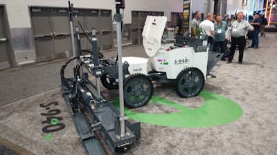 The battery-powered concrete equipment continued inside. The electric Somero S-94Oe produces no emissions, provides 8 hours of run time or 35,000 sq. ft. on a single charge. The company calls it 'the future of laser screed technology.'