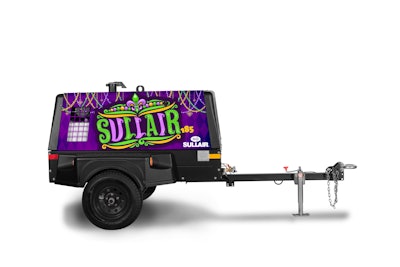 The Sullair 185 Mardi Gras-themed compressor is powered by a 49 hp Perkins 404F-E22T diesel engine.