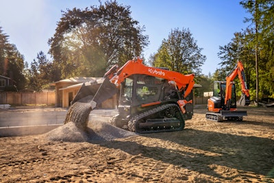 Kubota's SVL75-3's screen displays the CTL's standard rearview camera, the battery charge, hydraulic oil and coolant temperature, auxiliary mode, and fuel level