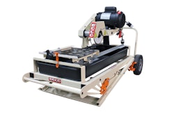 Powered by a 10-amp motor, the TMS-7 is equipped with a pump, six table wheels, galvanized steel guide rails, water fill indicator and miter guide.