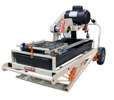 Powered by a 10-amp motor, the TMS-7 is equipped with a pump, six table wheels, galvanized steel guide rails, water fill indicator and miter guide.