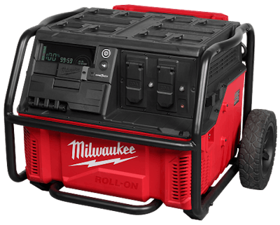 ROLL-ON is equipped with a non-removable, REDLITHIUM integrated 2.5 kWh battery, two 20A GFCI duplex outlets with circuit breakers, one USB-C and one USB-A.