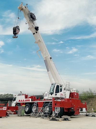 The Liebherr LTM 1100-5.3 has a maximum capacity of 110 tons and a long 203-ft. telescopic boom for reach.