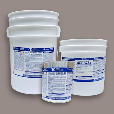 The Pecora-Deck HB1100-SA Coating is applied as a one-step traffic coating system that includes an integral aggregate and functions as both a waterproofing and traffic bearing deck coating system.