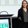 Mary Aufdemberg, general manager, product strategy and market development, Daimler Trucks North America, delivers the keynote address at the 2024 Green Truck Summit.