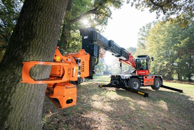 The Woodcracker tree saw with grapple is compatible with three Manitou rotating telehandlers — the MRT 2260, MRT 2660 and MRT 3060 Vision+.