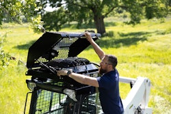 Compatible with select Bobcat R Series and John Deere models, the cooling system mounts to the roof of skid-steers and CTLs.