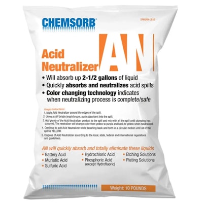Each 10-lb. bag of Chemsorb Acid Neutralizer can neutralize and absorb up to 2.5 gal of fluid.