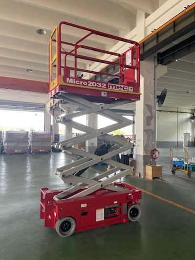 The MEC Micro 2032 Slab Scissor Lift can navigate tight spaces and reach working heights of up to 26 ft.