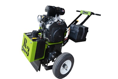 Powered by a 27-hp electric start gasoline engine, the machine features a single piece drum design with cutouts on each side of the housing for access.