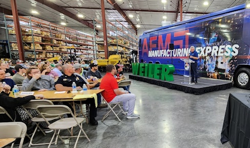 Weiler's president and CEO, Pat Weiler thanked employees for the hard work and dedication during the AEM Manufacturing Express stop on July 1 in Knoxville, Iowa.