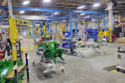 Amerequip's backhoe assembly area in the fall of 2023. Shows the 'right sizing' efforts to reduce inventory in the cell to only what is needed and focusing specifically on the operator's ability to fulfill their job responsibilities without needing to search for necessary parts and tools.