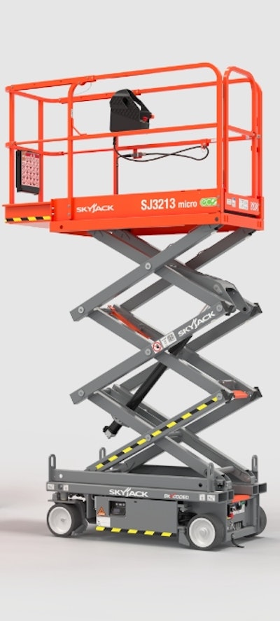 The Skyjack SJ3213 Micro Scissor Lift features a maximum work height of 19 ft. and 25% gradeability.