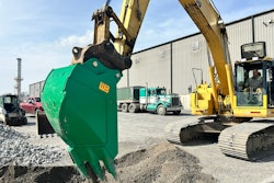 The Reverse V Bucket Attachment has tapered sides to reduce wear on bucket sides and to allow for dumping.