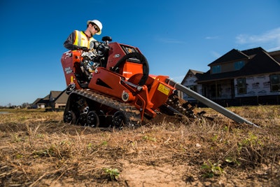 Walk-behind trenchers are more compact and maneuverable, perfect for smaller jobsites with tight spaces or numerous obstacles, such as residential lawns and backyards. Ditch Witch’s CX-series walk-behind trenchers, for example, are easier to transport and operate in confined areas, offering a practical solution for landscapers and contractors working on smaller-scale projects. Both types of trenchers are designed to meet specific needs, ensuring that operators can choose the best equipment for their particular job conditions. Pictured is the C30X.