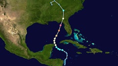 Map plotting the storm's track and intensity, according to the Saffir–Simpson scale.