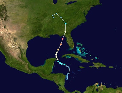 Map plotting the storm's track and intensity, according to the Saffir–Simpson scale.