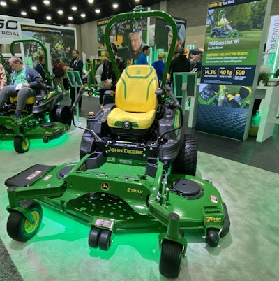 John Deere's oil guard system on its mowers allows professional landscaping contractors to extend the service intervals from 100 hours up to 500 hours.