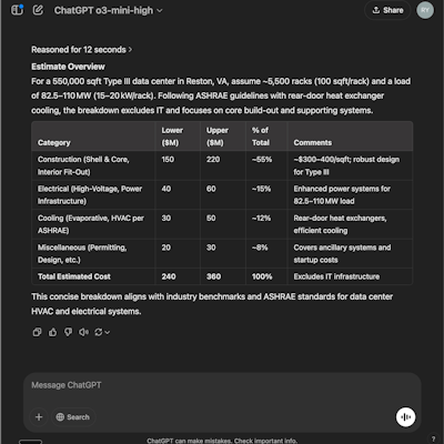 Without reference materials guiding the output, the result estimation of costs. As this example shows, it took ChatGPT 12 seconds to 'reason.' Small and easily missed, there's a note at the bottom stating that the program can make mistakes and reminding users to 'check important info.'