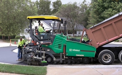Vögele's Dash 3 pavers include a mobile feeder and additional screed. When the Vögele paver operator receives real-time survey info, they can adjust feeder speed or screed level. Fleet managers partner with operators to review datasets and identify where they can make changes.