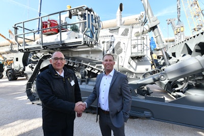 Alexander Katrycz, Head of Marketing at Liebherr-Werk Telfs GmbH (left) and Scott Crozier, Vice President, Civil Construction Field Systems at Trimble (right) at bauma 2025 event.