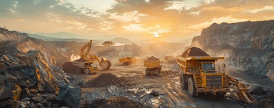 павел озарчук Dump Trucks Filling Up With Overburden And Dragline In Dusty Open Cut Coal Mine