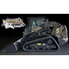 Black tracked skid steer loader with Metallica-themed custom graphics and design