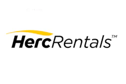 Herc Rentals logo with black text and yellow curved design element