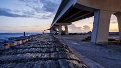 Gabion marine mattresses (25,225 square yards) await installation for scour protection.