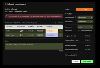 Live updates and notes within Outbuild’s schedule impact request feature.