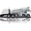 White Advance concrete mixer truck with multiple axles on reflective surface