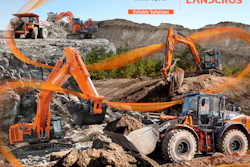 Hitachi construction equipment excavating rocky terrain with orange machinery
