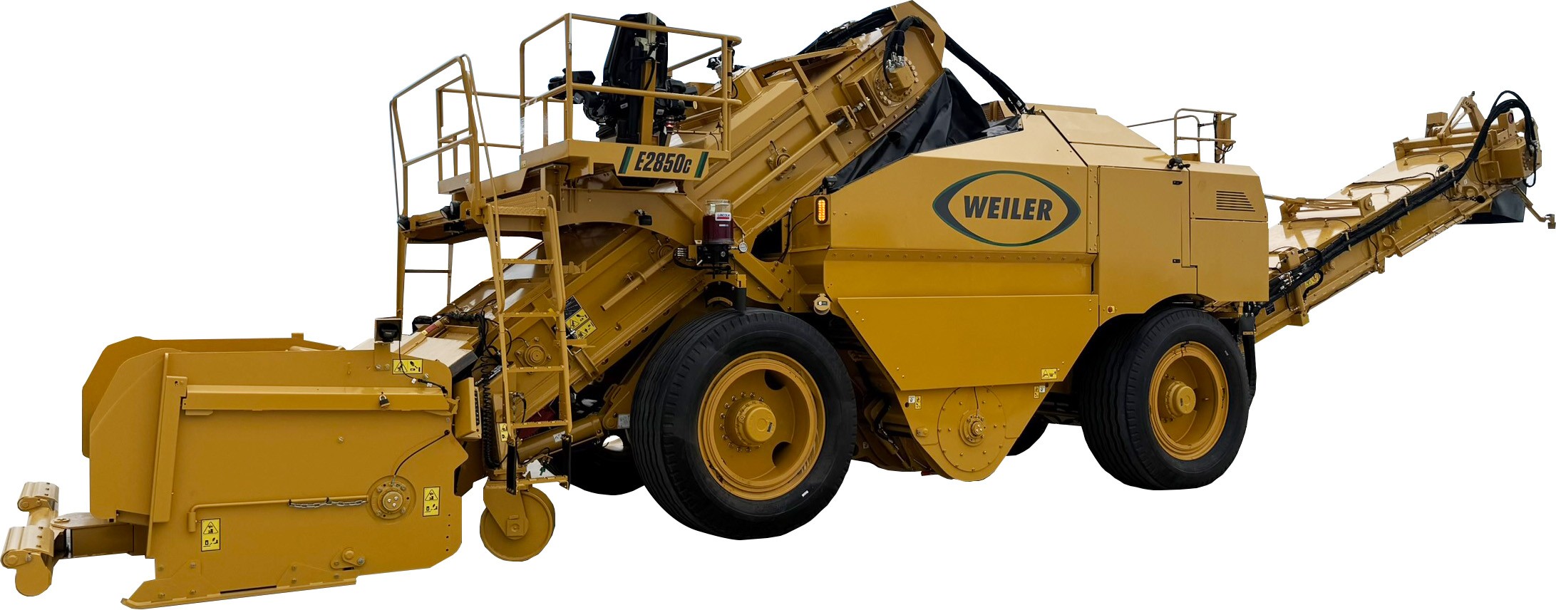 Weiler yellow forage wagon with conveyor system and tractor attachment on white background