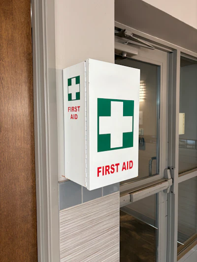 A first-aid station at the office is great. Make sure to bring a kit to every jobsite.