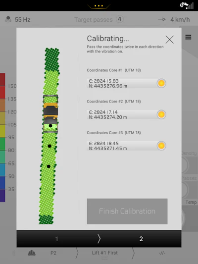 Ground-penetrating radar calibration interface showing soil core scan with three coordinate calibration points and depth measurements