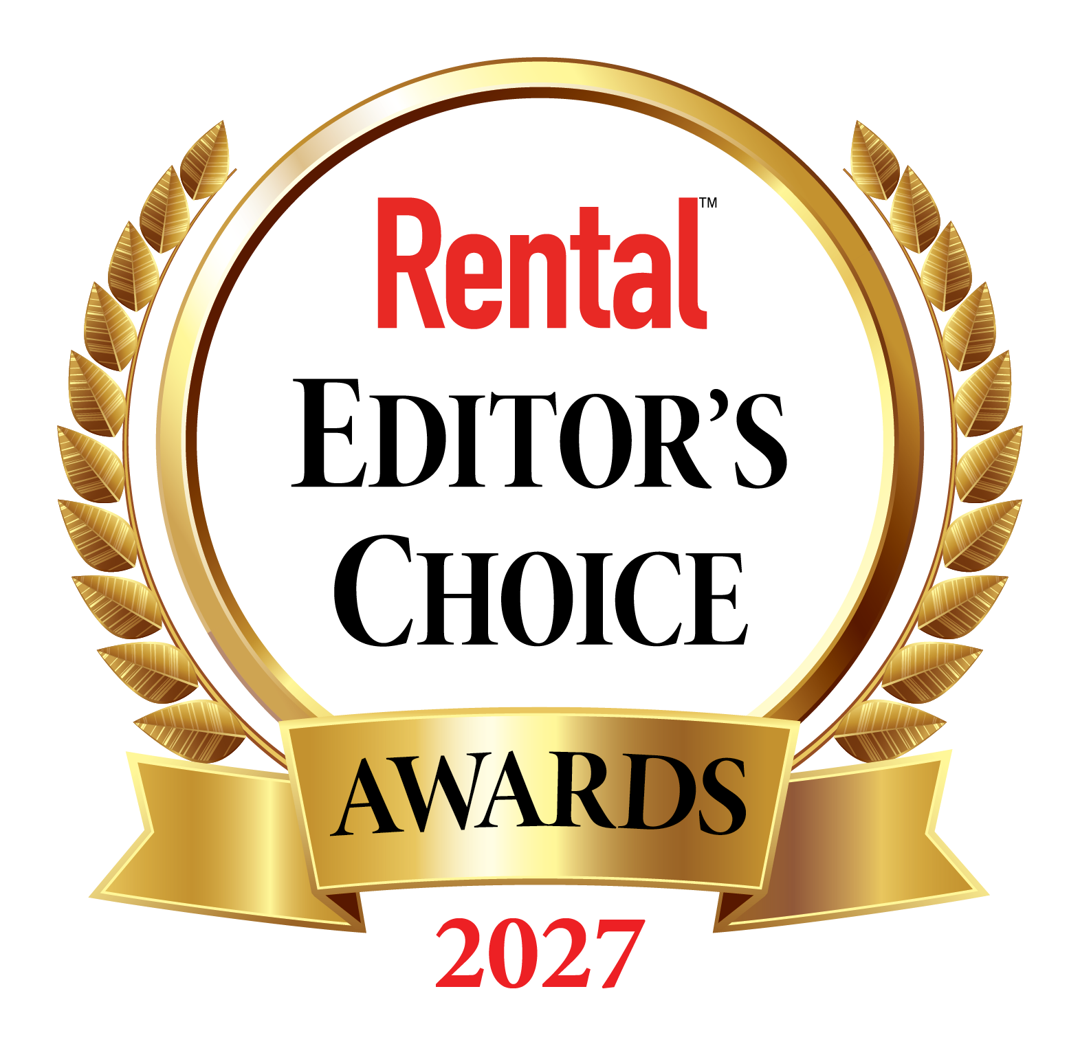 Rental Magazine Editor's Choice Awards 2027 gold badge with laurel wreaths and ribbon banner
