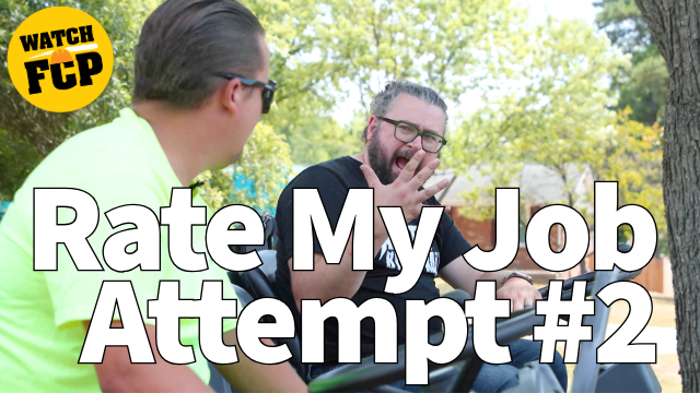 Two men outdoors laughing during Rate My Job Attempt #2 video with FCP watch badge