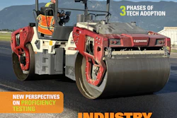 Asphalt Contractor magazine cover featuring red tandem roller compactor on paved surface with mountains in background, September 2026 issue