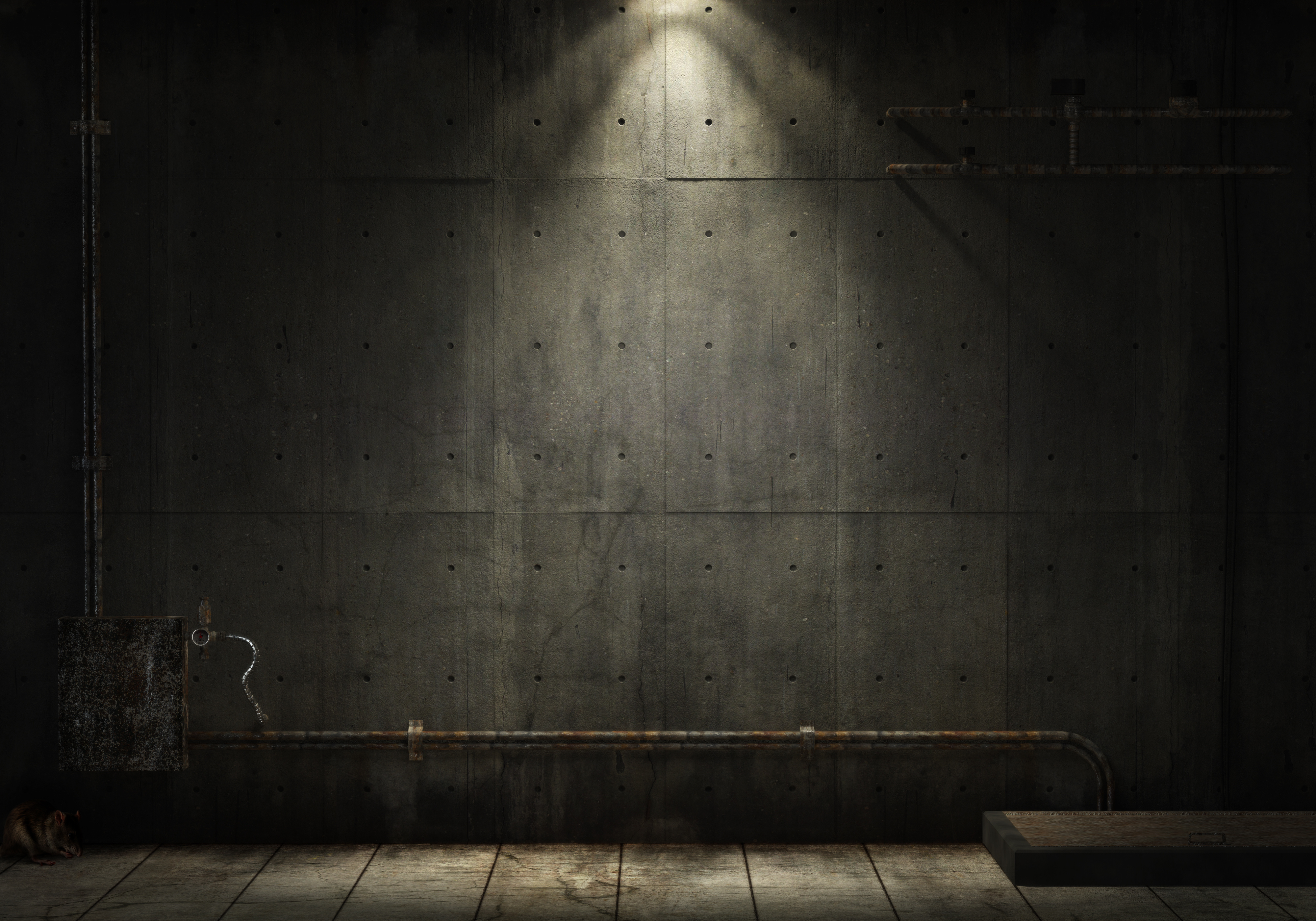 Silhouetted figure in dimly lit concrete industrial space with dramatic overhead lighting