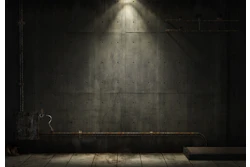 Silhouetted figure in dimly lit concrete industrial space with dramatic overhead lighting