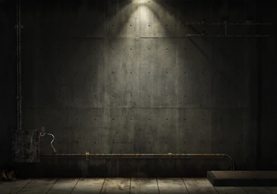 Silhouetted figure in dimly lit concrete industrial space with dramatic overhead lighting