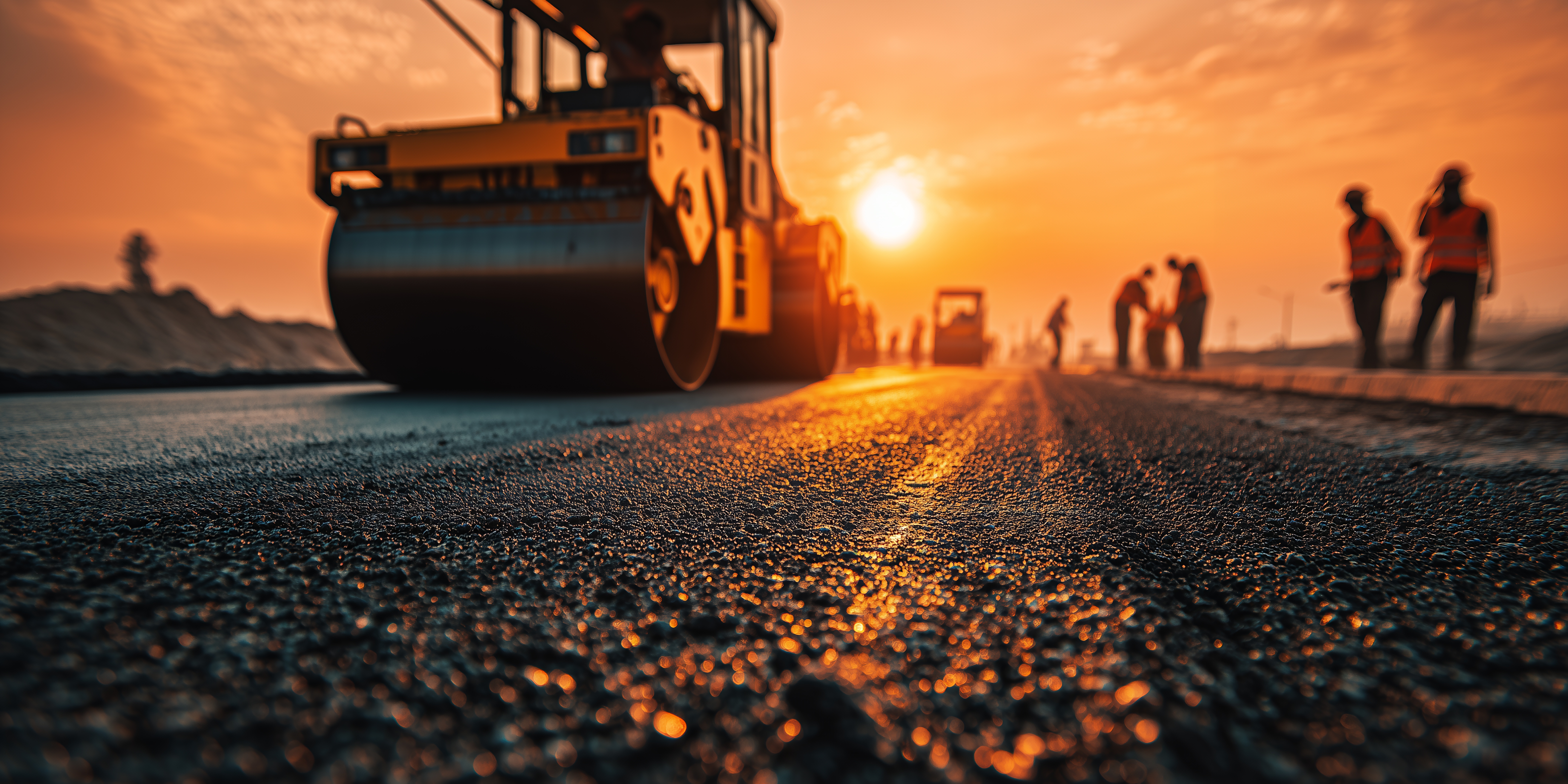 Road roller compacting asphalt on construction site at golden sunset with workers in background