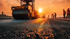 Road roller compacting asphalt on construction site at golden sunset with workers in background