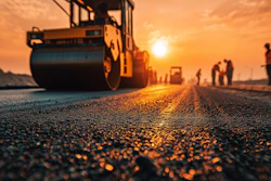 Road roller compacting asphalt on construction site at golden sunset with workers in background
