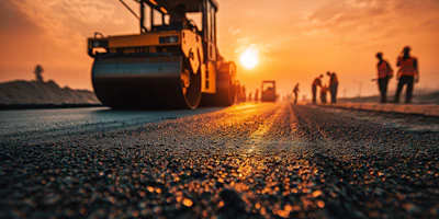 Road roller compacting asphalt on construction site at golden sunset with workers in background