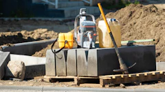 Construction site with compactor, safety vest, fuel container, and tools on concrete foundation