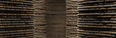 Stacked wooden logs arranged in organized rows at a timber storage facility