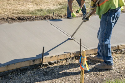 Construction workers finishing wet concrete with hand tools and measurement equipment on a residential driveway project.