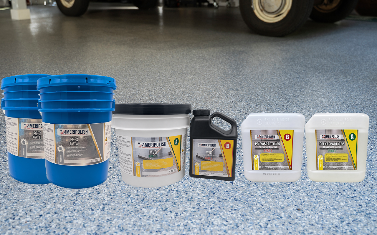 AmeriPolish concrete floor care products displayed in blue buckets and white containers on polished garage flooring